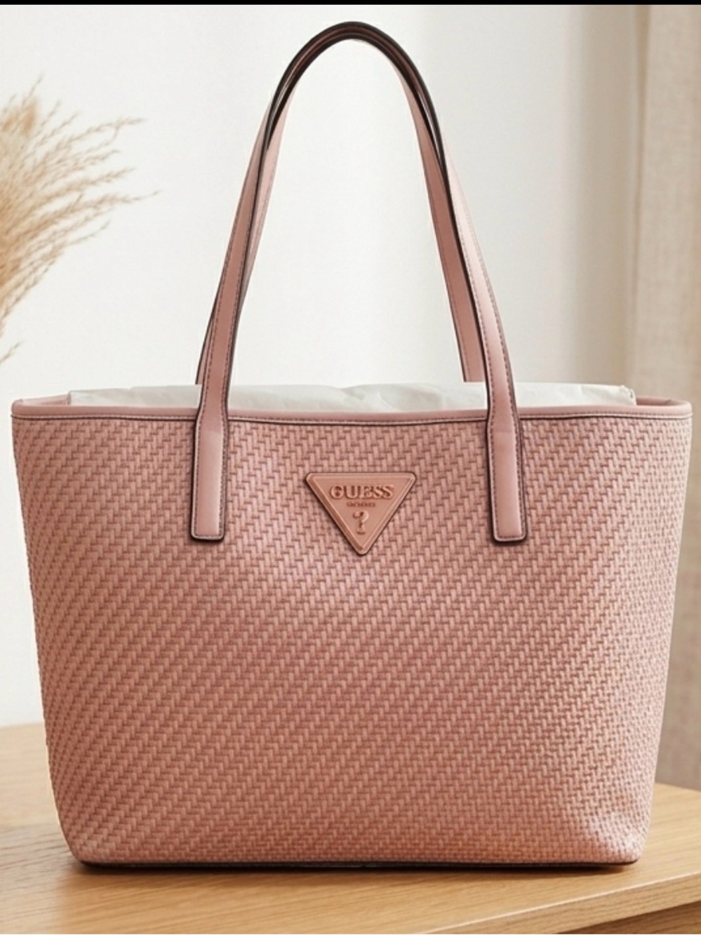 GUESS Blush Pink Woven Tote with Logo Plaque